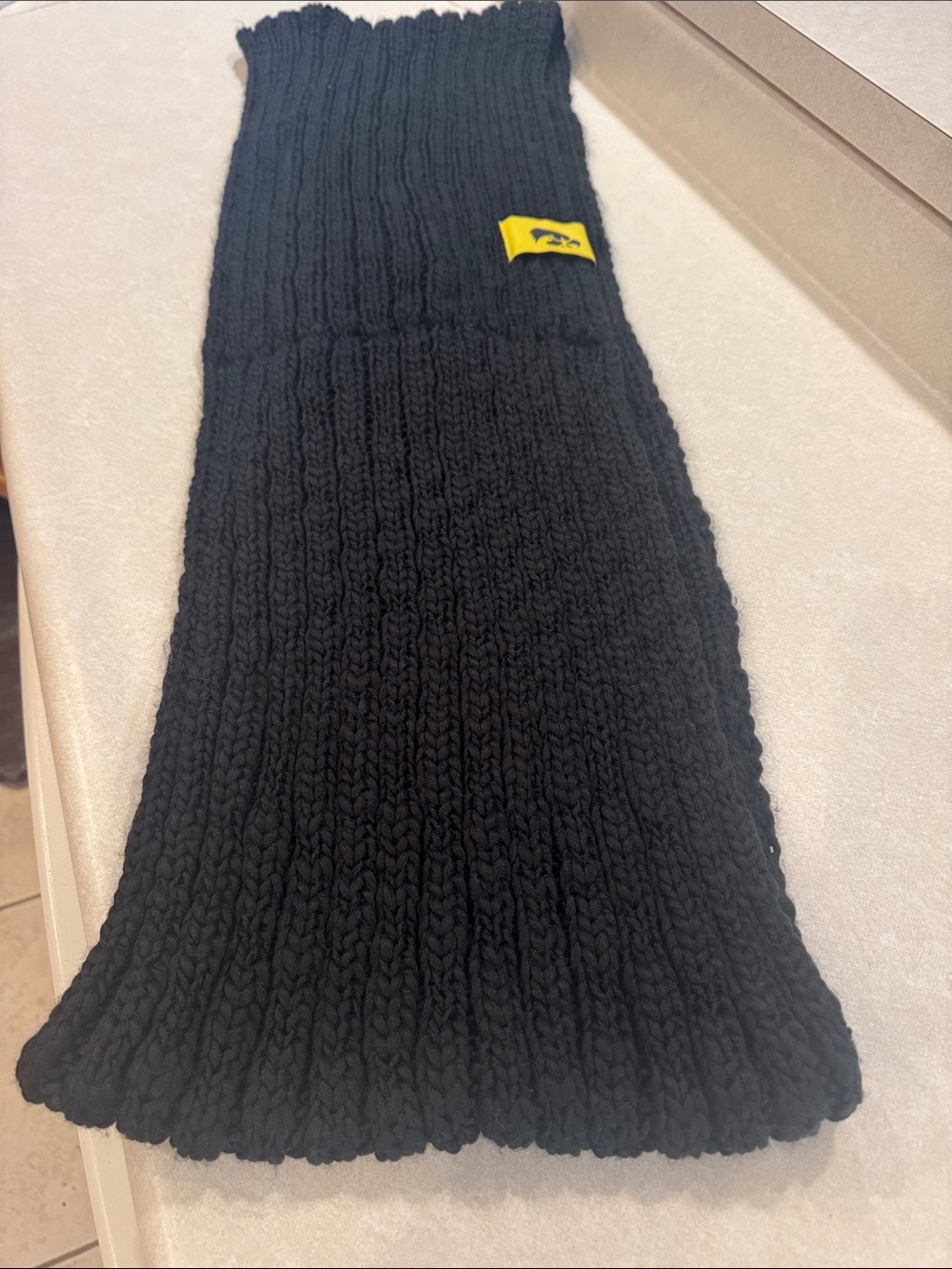Black Ribbed Knit Scarf with Yellow Logo Patch